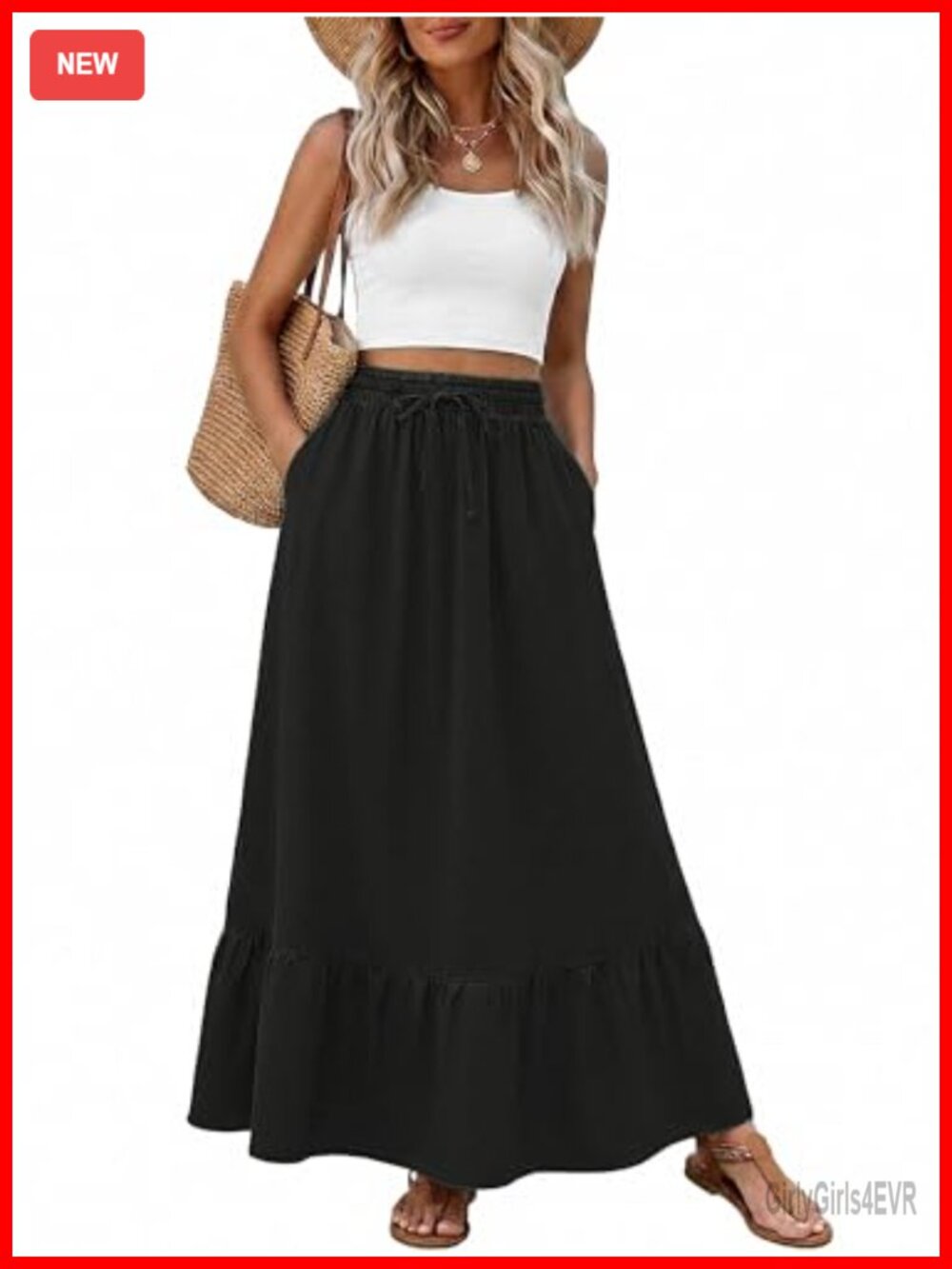 High Waisted Maxi Skirt with Pockets Tiered Ruffle Hem